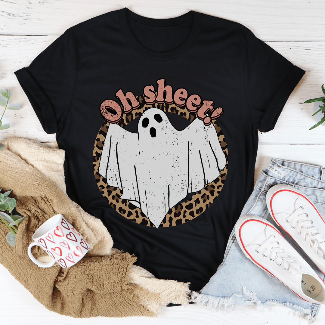 Oh Sheet Ghost Tee featuring a playful ghost design on a soft cotton fabric, perfect for Halloween celebrations.