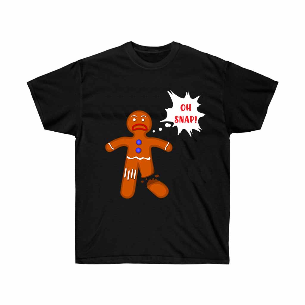 Oh Snap! Gingerbread Man Holiday T-shirt featuring a playful gingerbread design on a soft cotton fabric.
