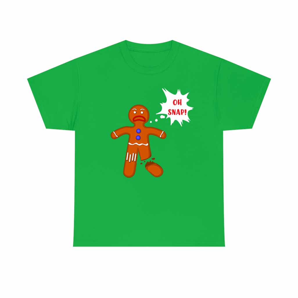 Oh Snap! Gingerbread Man Holiday T-shirt featuring a playful gingerbread design on a soft cotton fabric.