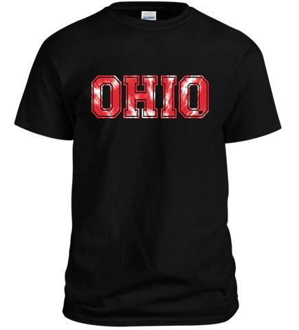 Colorful OHIO Tie Dye Shirt displayed on a hanger, showcasing its unique design and vibrant colors.