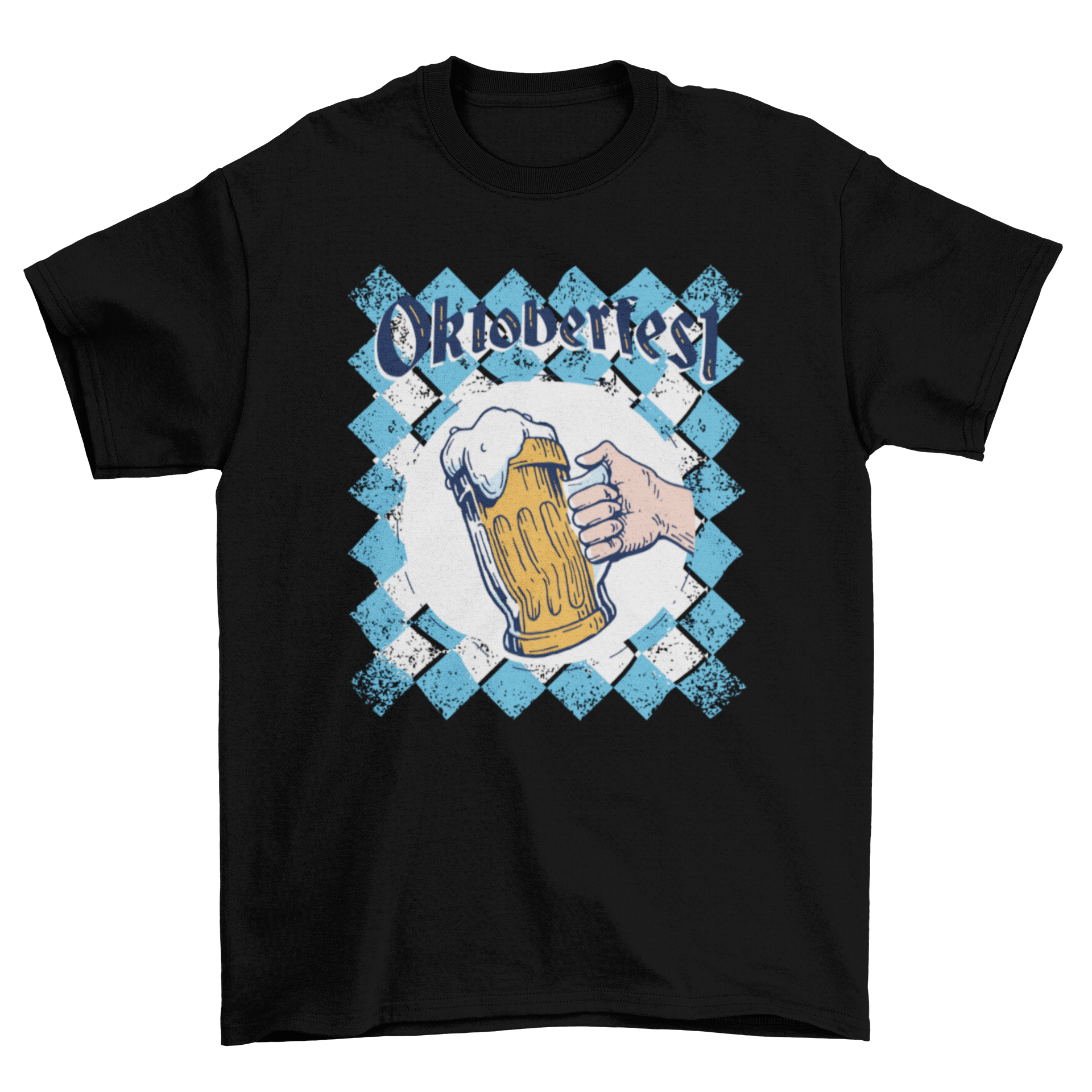 Oktoberfest Bavarian Beer Jar T-shirt featuring a hand holding a beer jar with the word OKTOBERFEST over a Bavarian flag.