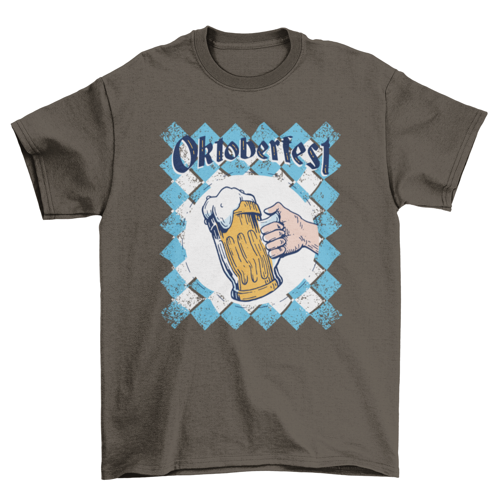 Oktoberfest Bavarian Beer Jar T-shirt featuring a hand holding a beer jar with the word OKTOBERFEST over a Bavarian flag.