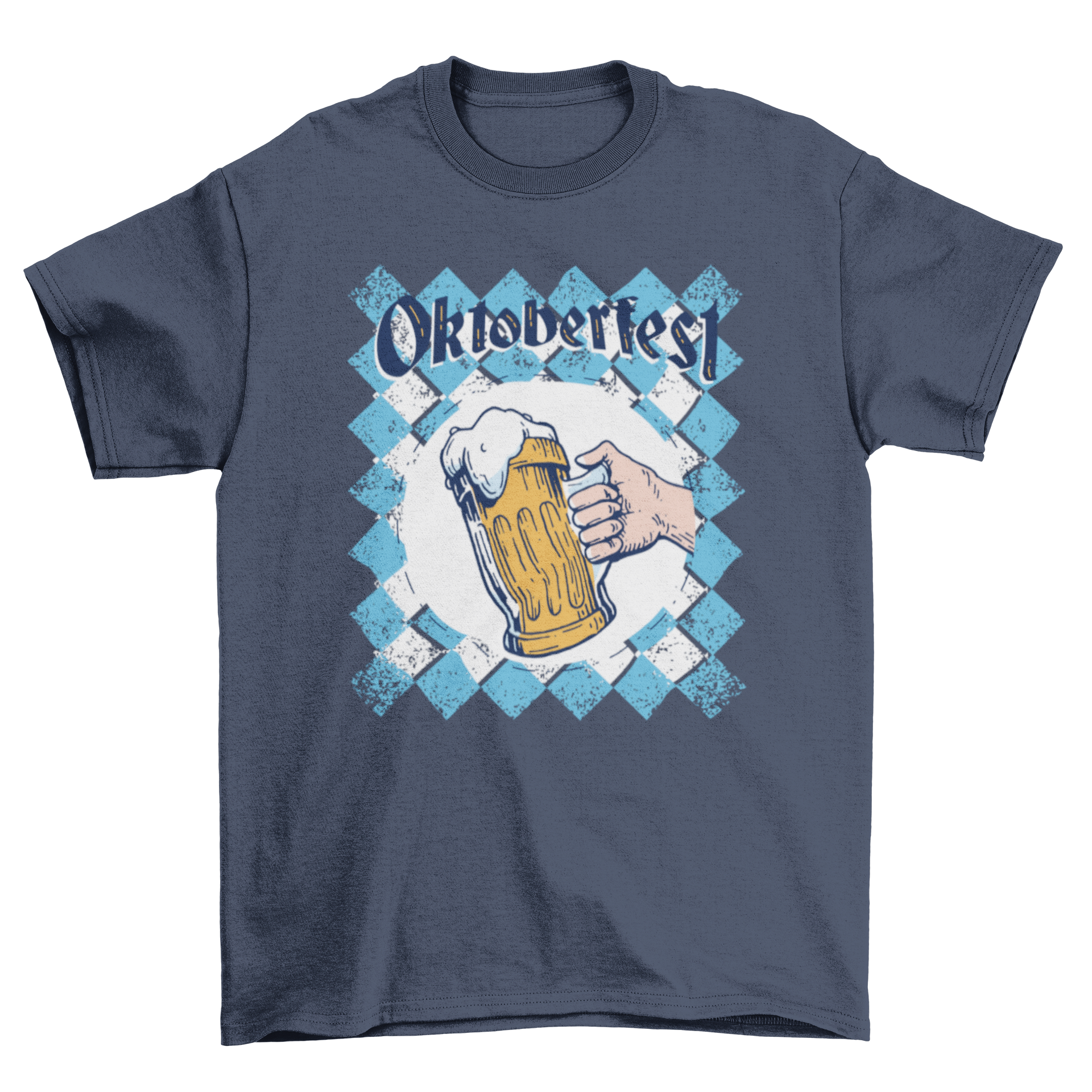 Oktoberfest Bavarian Beer Jar T-shirt featuring a hand holding a beer jar with the word OKTOBERFEST over a Bavarian flag.