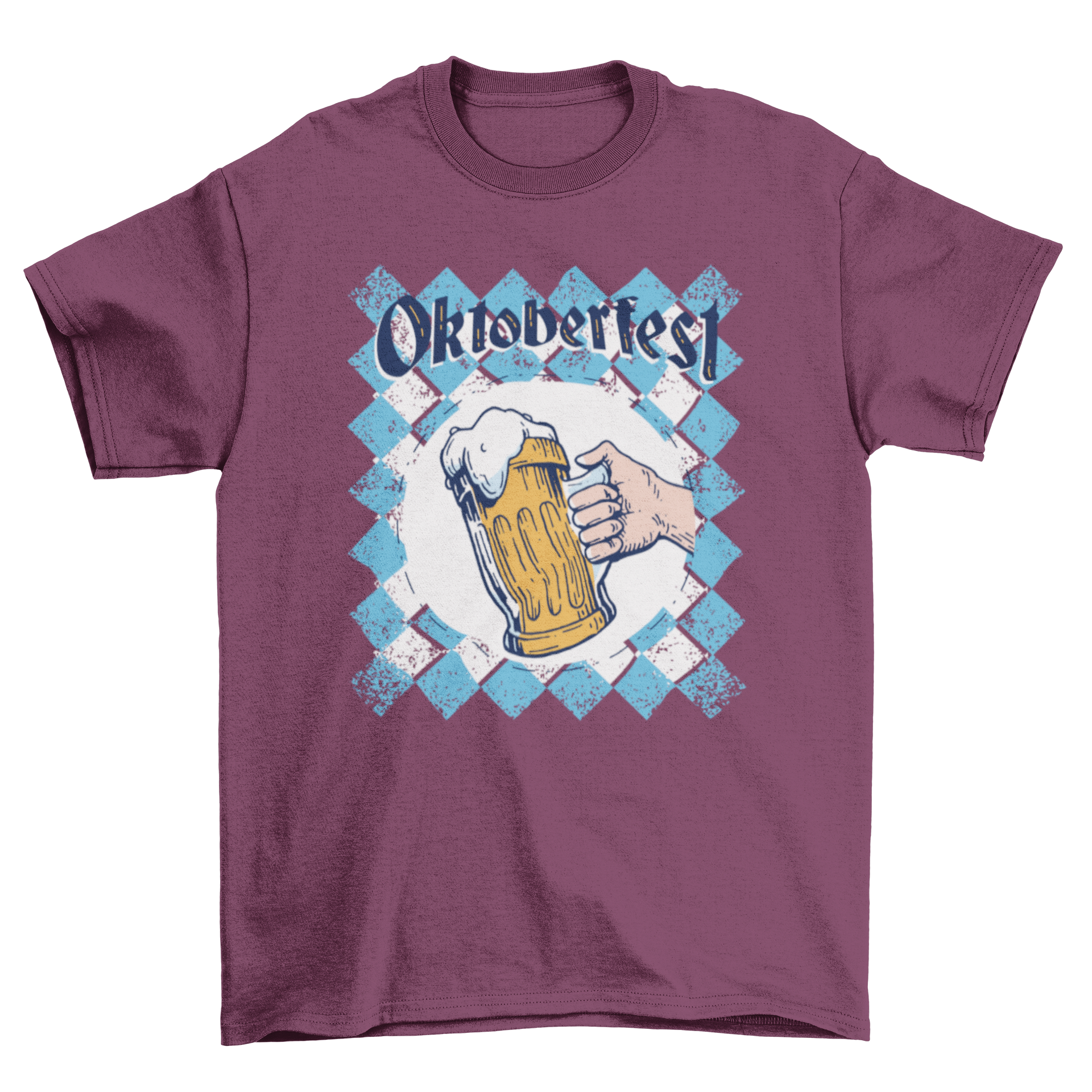 Oktoberfest Bavarian Beer Jar T-shirt featuring a hand holding a beer jar with the word OKTOBERFEST over a Bavarian flag.