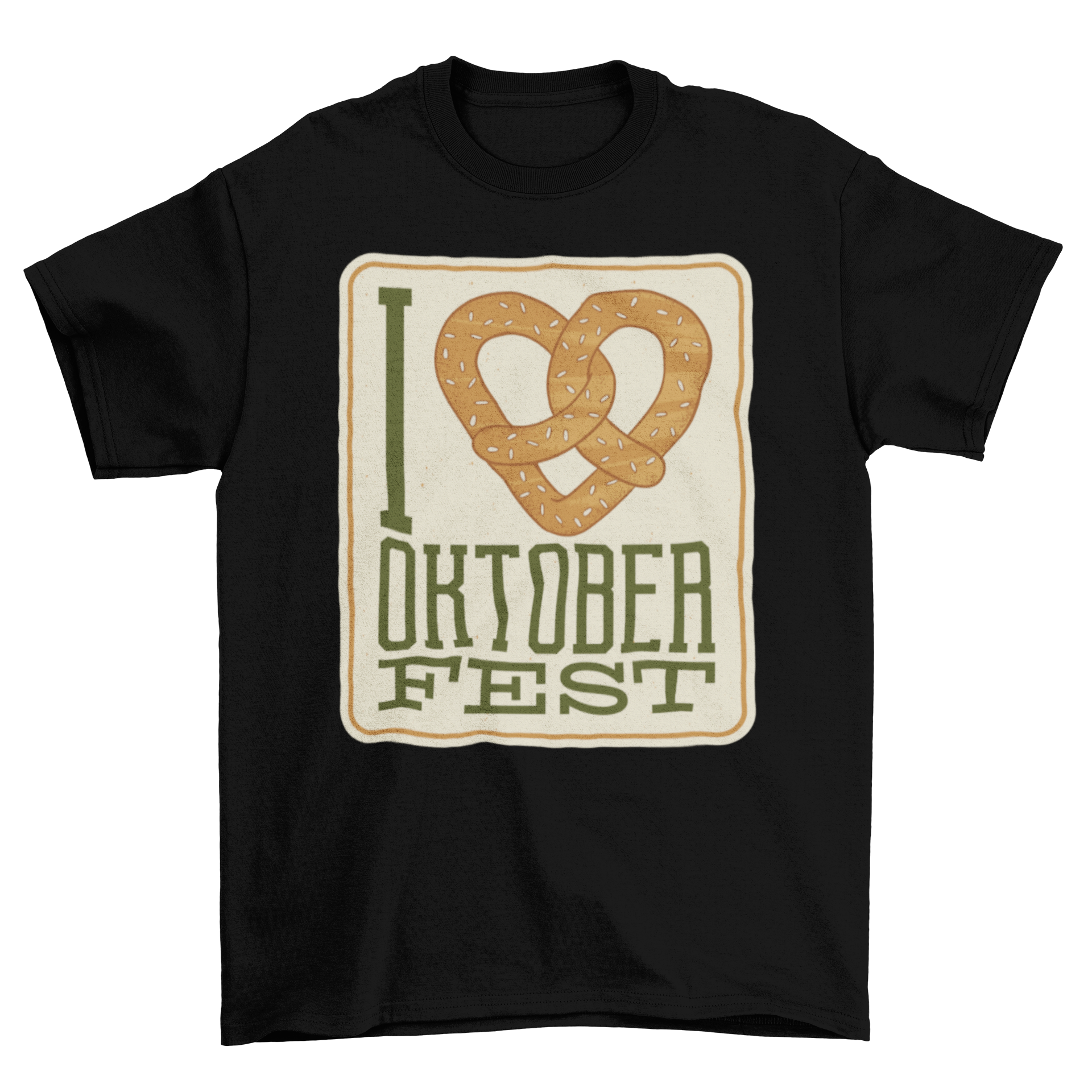 Oktoberfest Pretzel Heart T-shirt featuring a heart-shaped pretzel and the text 'I LOVE OKTOBERFEST'.