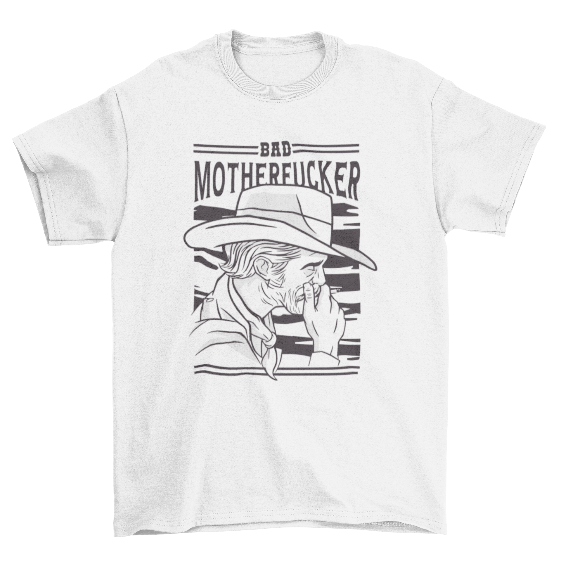 Old cowboy man wearing a hat and smoking, featured on a stylish t-shirt.