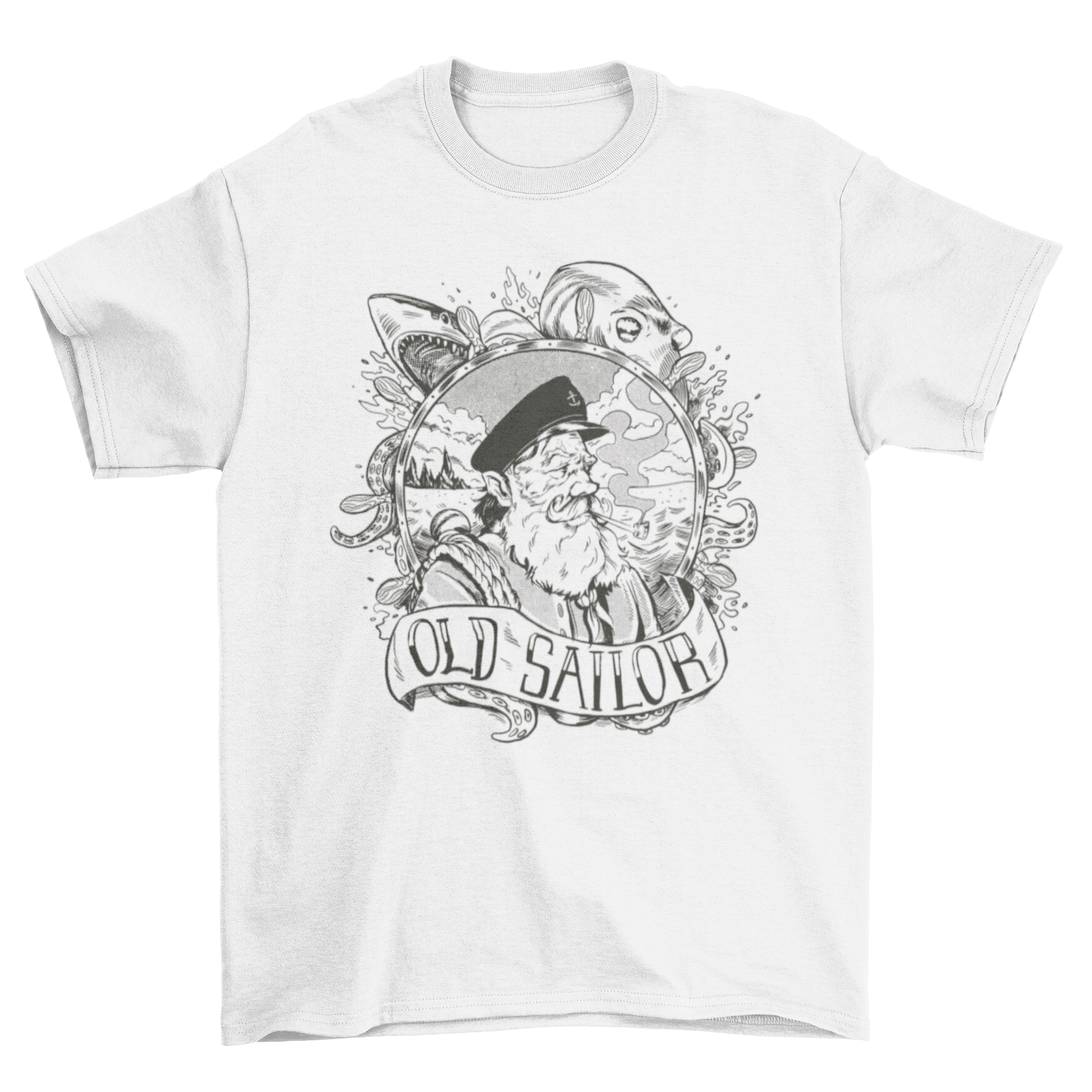 Hand-drawn t-shirt featuring an old sailor, shark, and octopus against a sea background.