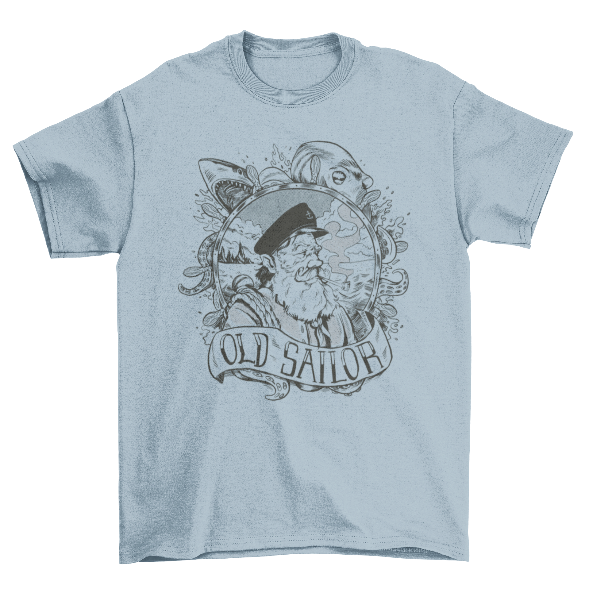 Hand-drawn t-shirt featuring an old sailor, shark, and octopus against a sea background.
