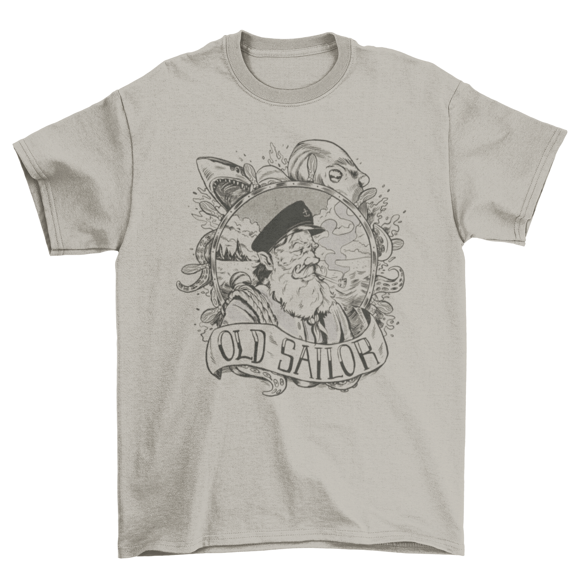 Hand-drawn t-shirt featuring an old sailor, shark, and octopus against a sea background.