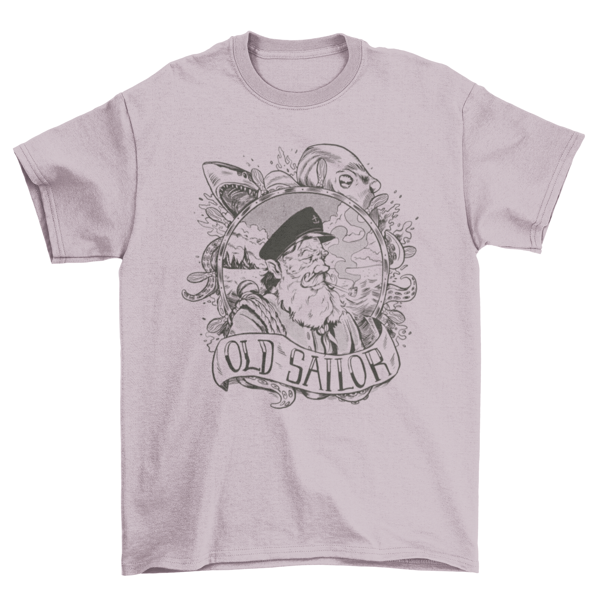 Hand-drawn t-shirt featuring an old sailor, shark, and octopus against a sea background.