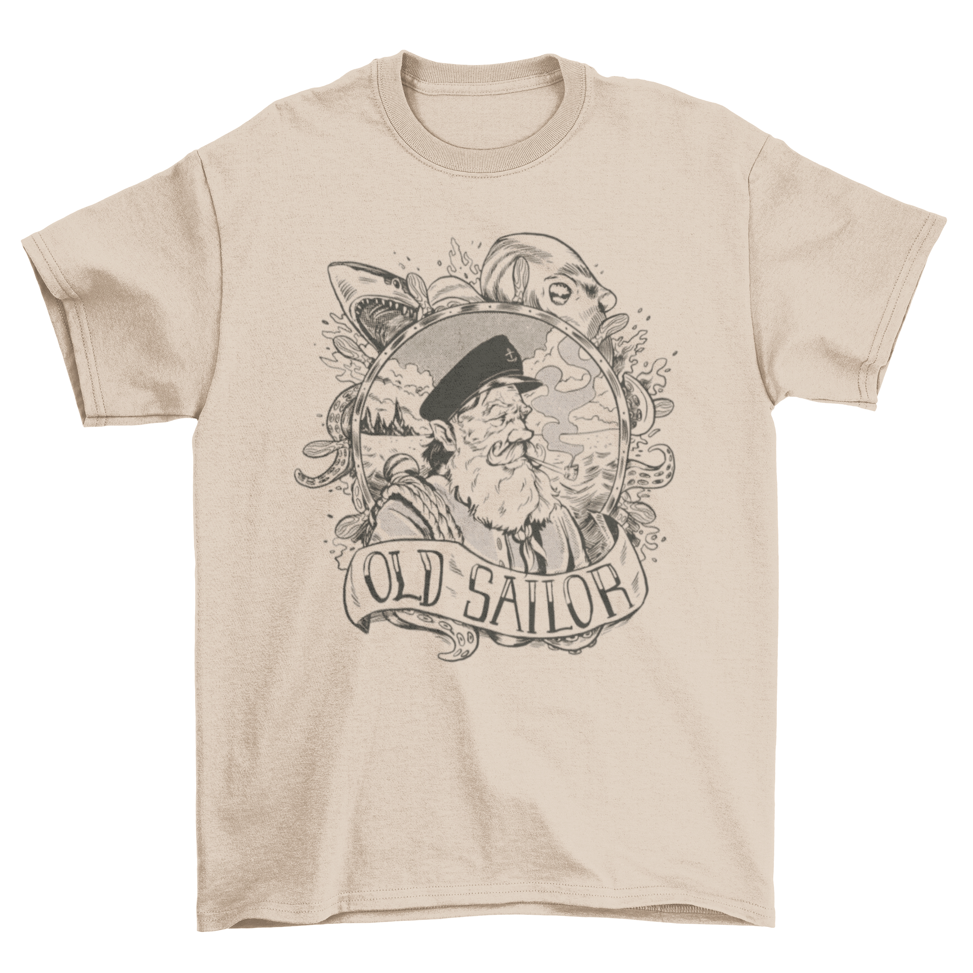 Hand-drawn t-shirt featuring an old sailor, shark, and octopus against a sea background.