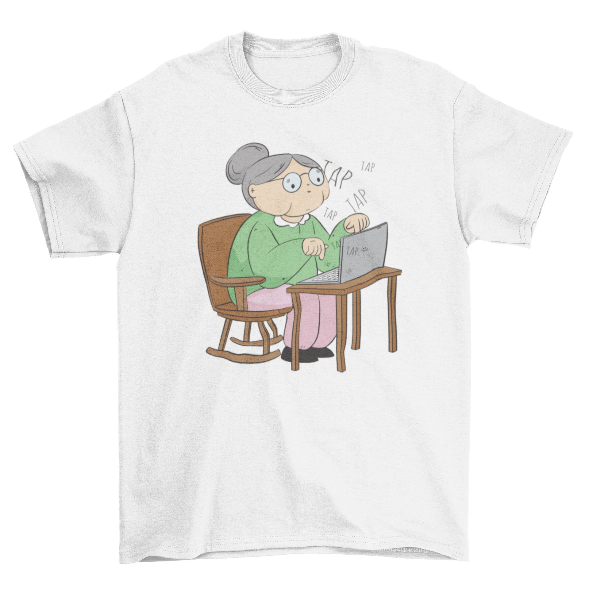 A stylish t-shirt featuring an illustration of an old woman working on a laptop, symbolizing tech-savvy seniors.