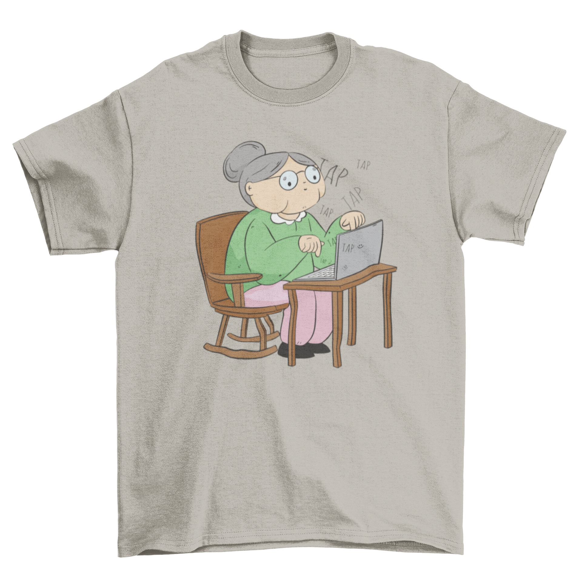 A stylish t-shirt featuring an illustration of an old woman working on a laptop, symbolizing tech-savvy seniors.
