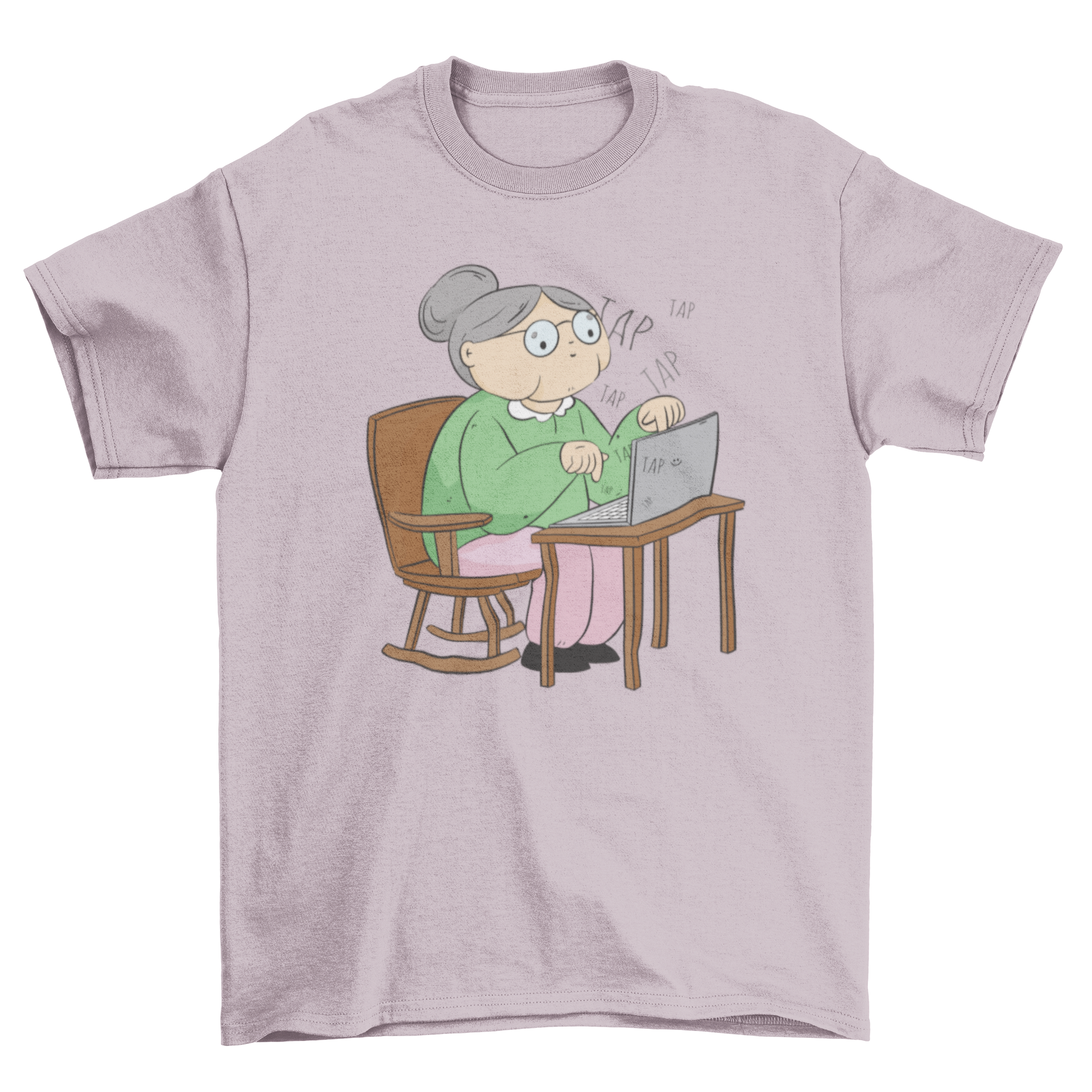 A stylish t-shirt featuring an illustration of an old woman working on a laptop, symbolizing tech-savvy seniors.