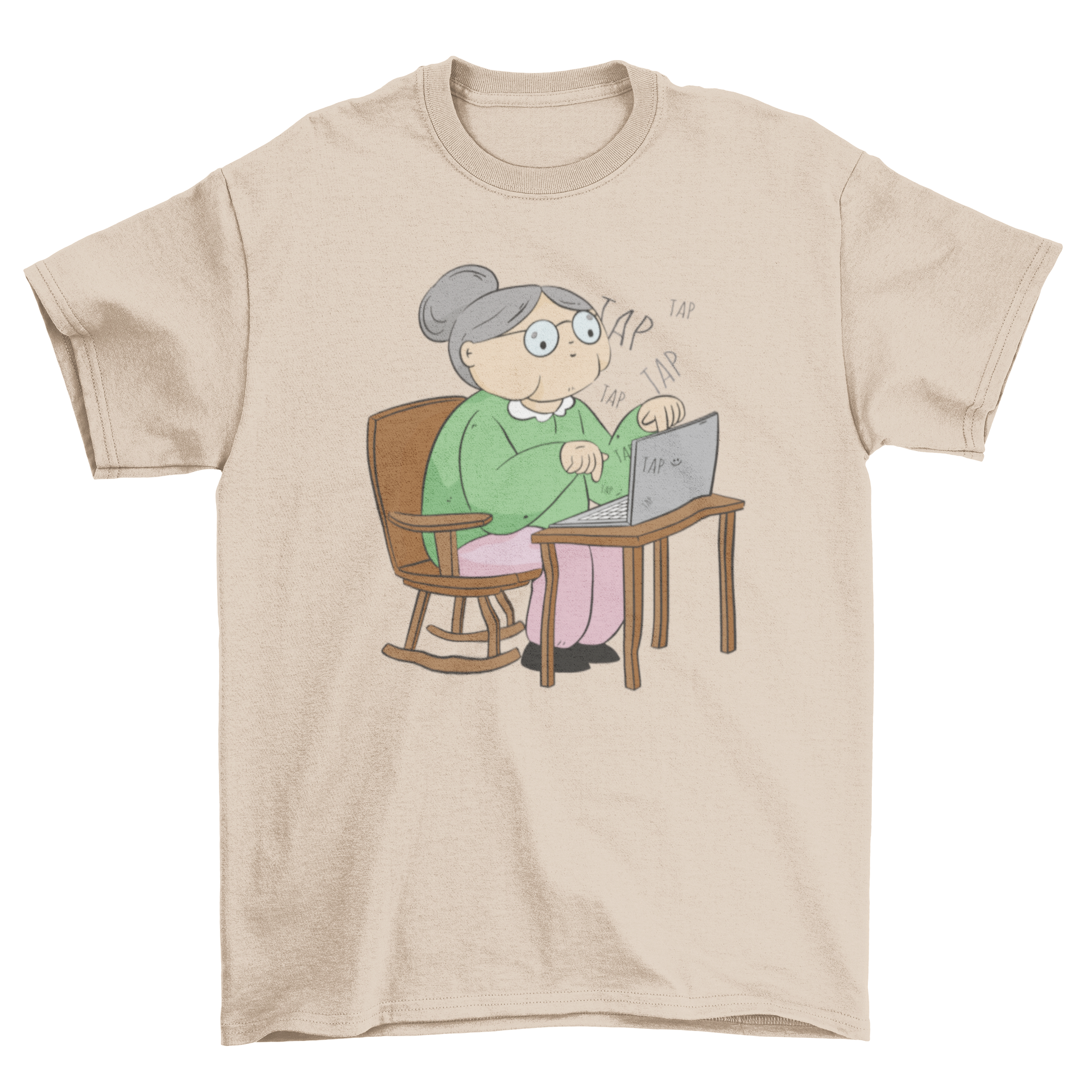 A stylish t-shirt featuring an illustration of an old woman working on a laptop, symbolizing tech-savvy seniors.