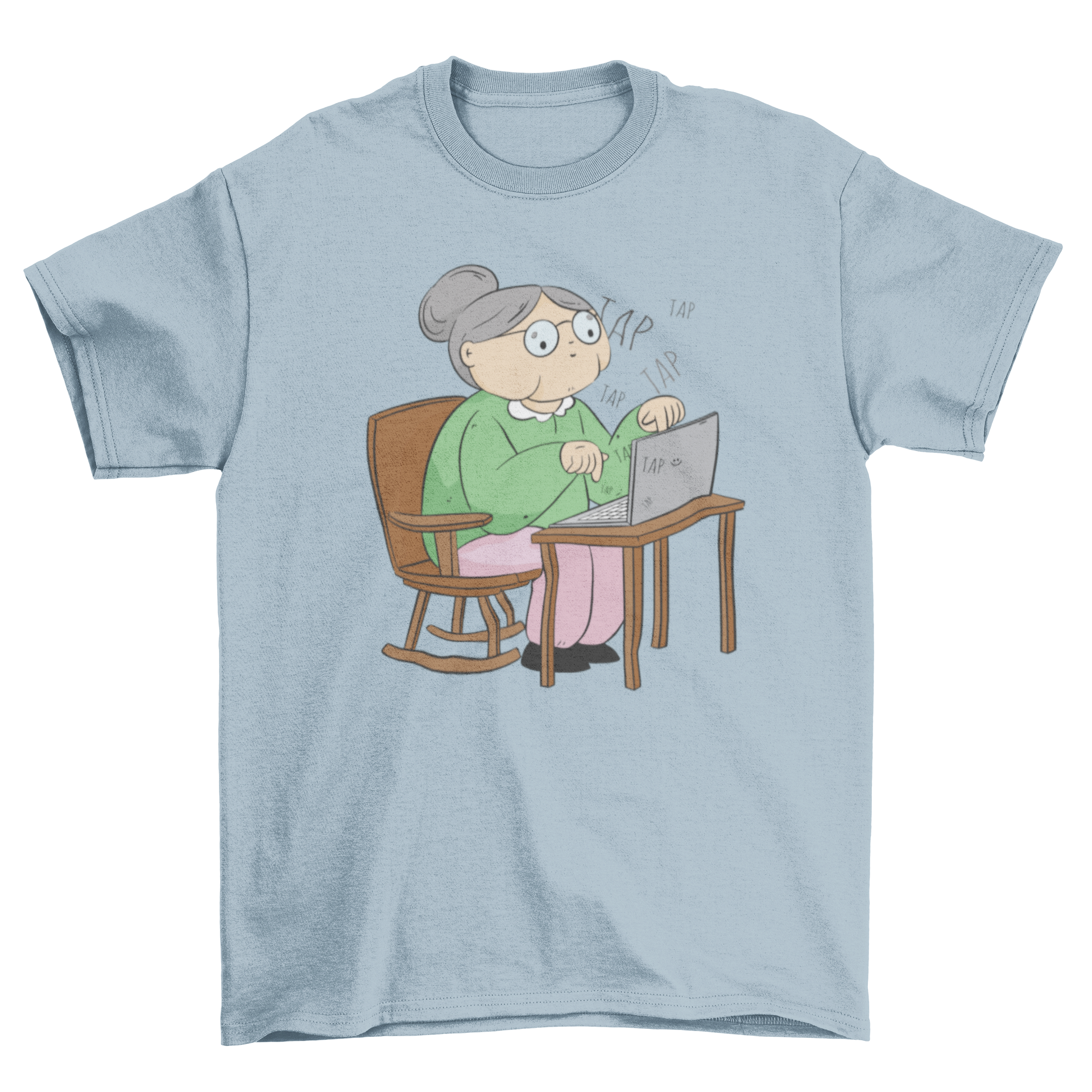 A stylish t-shirt featuring an illustration of an old woman working on a laptop, symbolizing tech-savvy seniors.