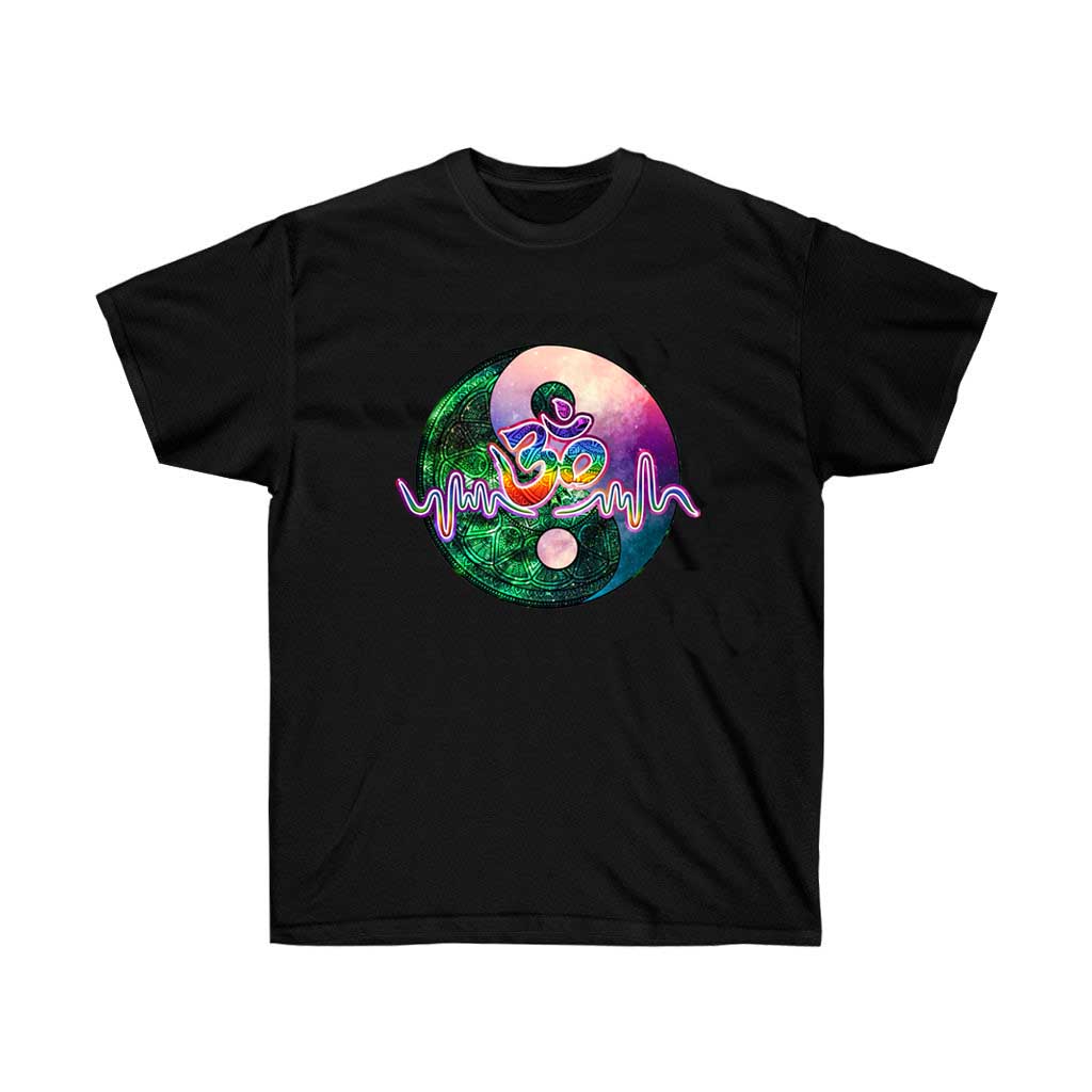 Om Heartbeat Spiritual Symbol Yin T-Shirt made from soft cotton, featuring a spiritual design, suitable for yoga and casual wear.