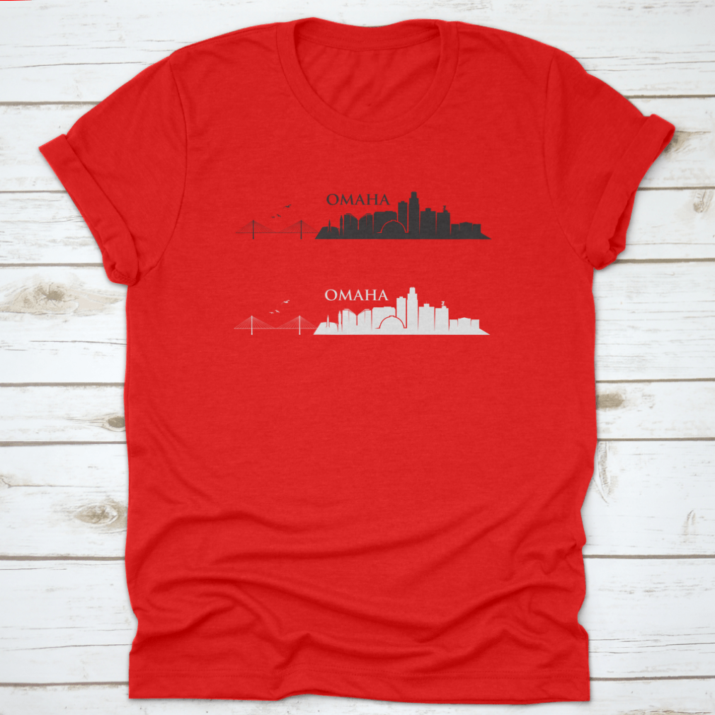 Omaha Skyline vector illustration trendy style t-shirt, showcasing a detailed skyline design on a comfortable cotton fabric.