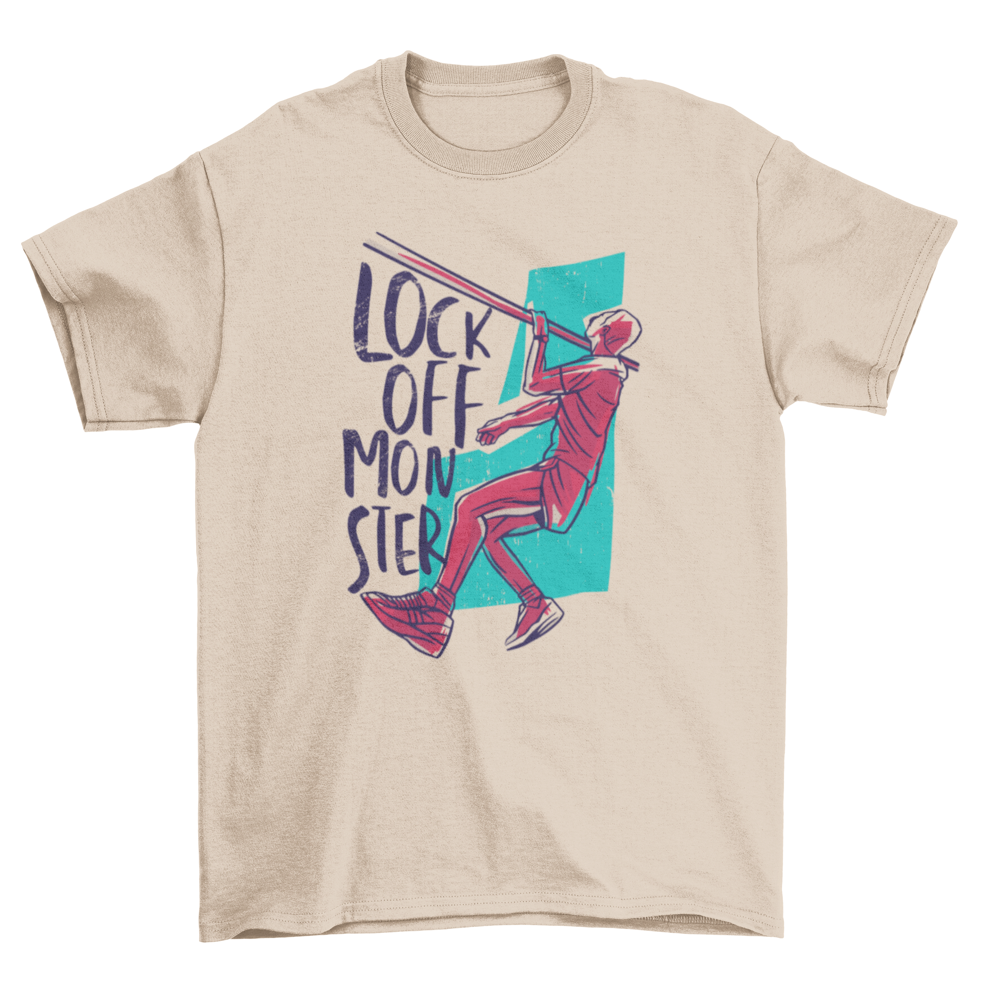 One Arm Lock Off T-Shirt featuring a climber in action with the quote 'Lock off monster'.