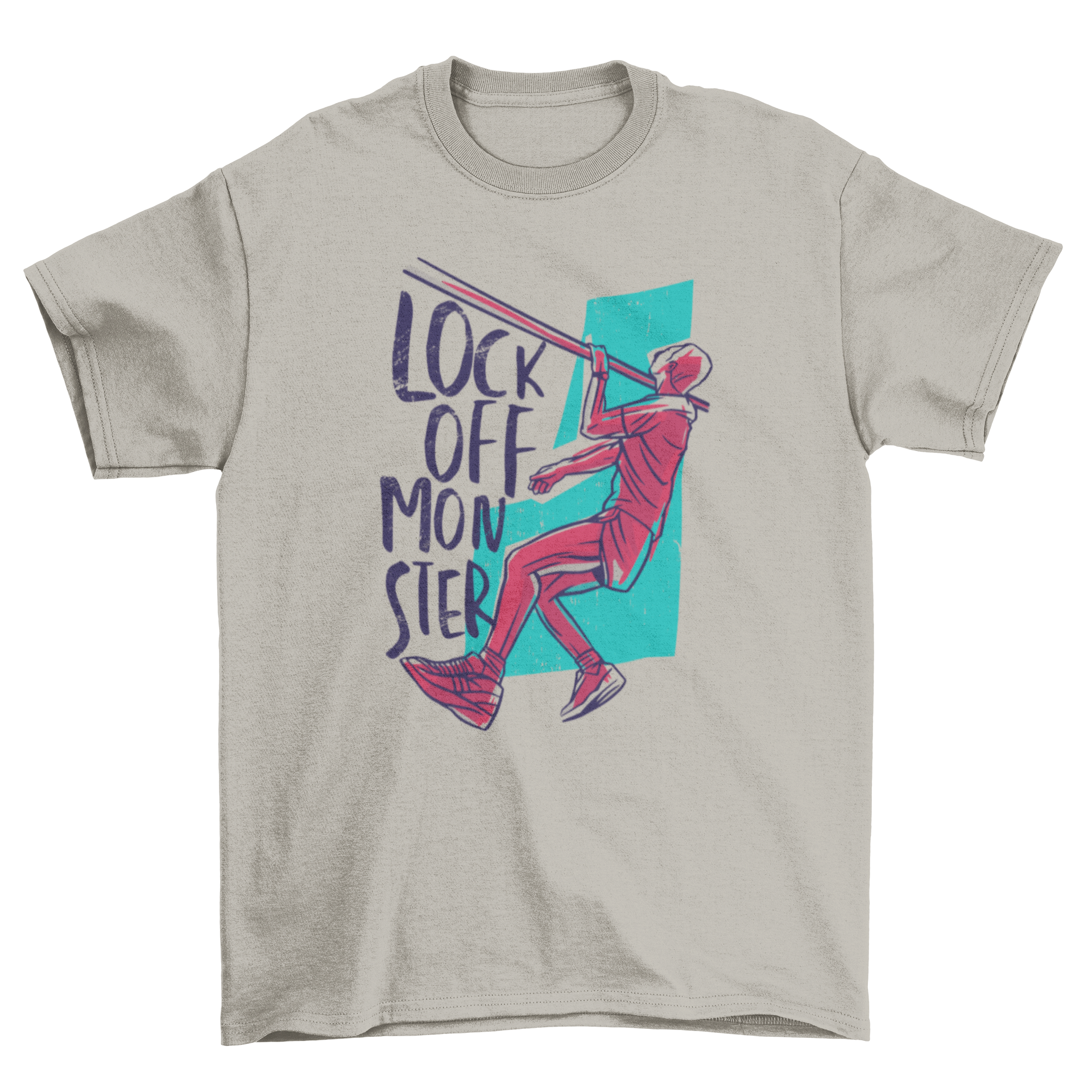 One Arm Lock Off T-Shirt featuring a climber in action with the quote 'Lock off monster'.