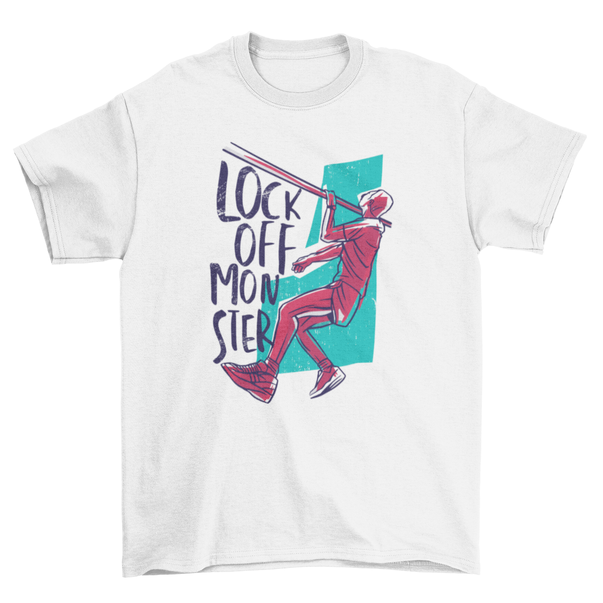 One Arm Lock Off T-Shirt featuring a climber in action with the quote 'Lock off monster'.