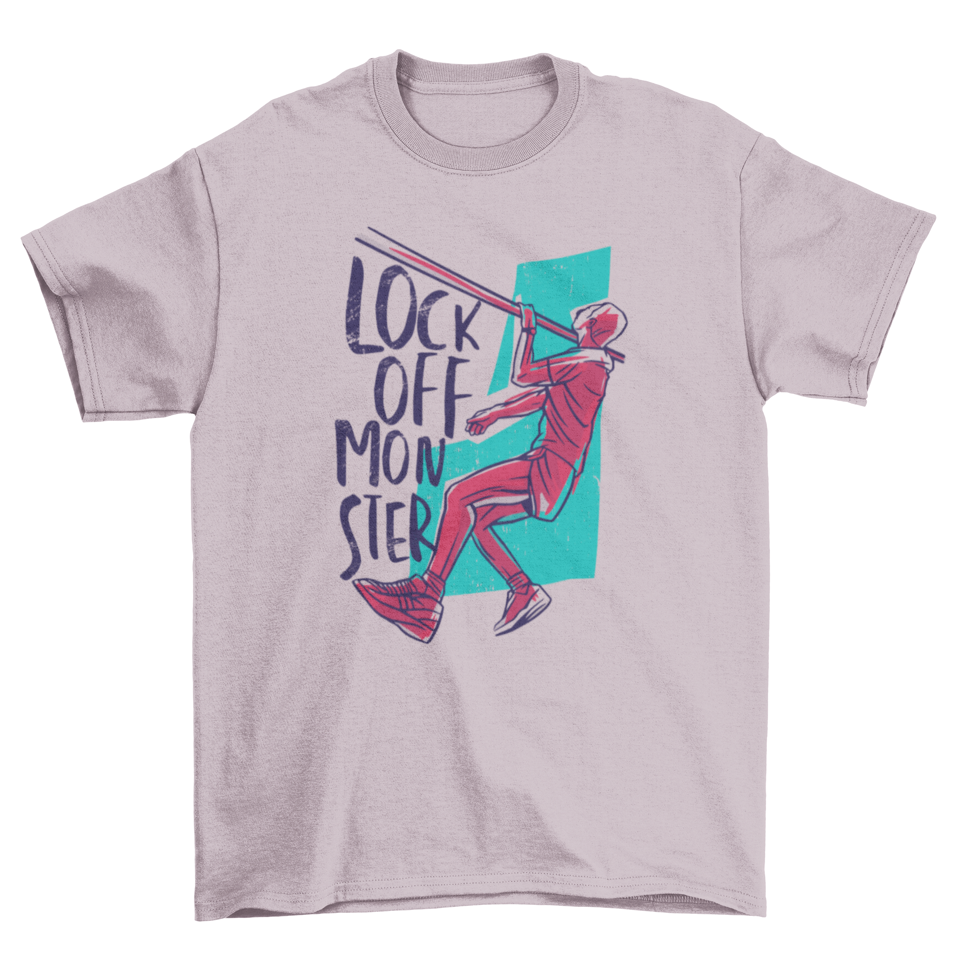 One Arm Lock Off T-Shirt featuring a climber in action with the quote 'Lock off monster'.