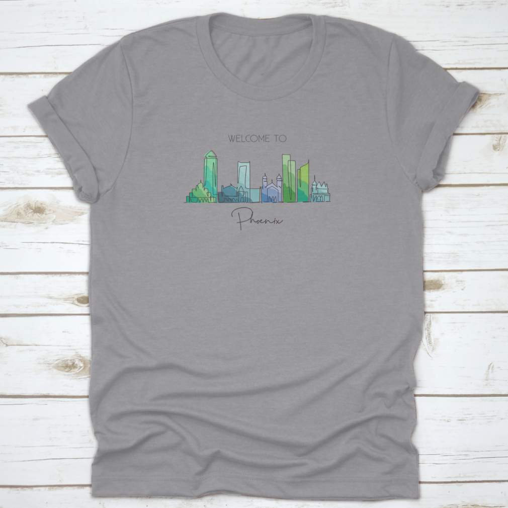 A minimalist continuous line drawing of the Phoenix City skyline, showcasing iconic buildings and structures in a stylish design.