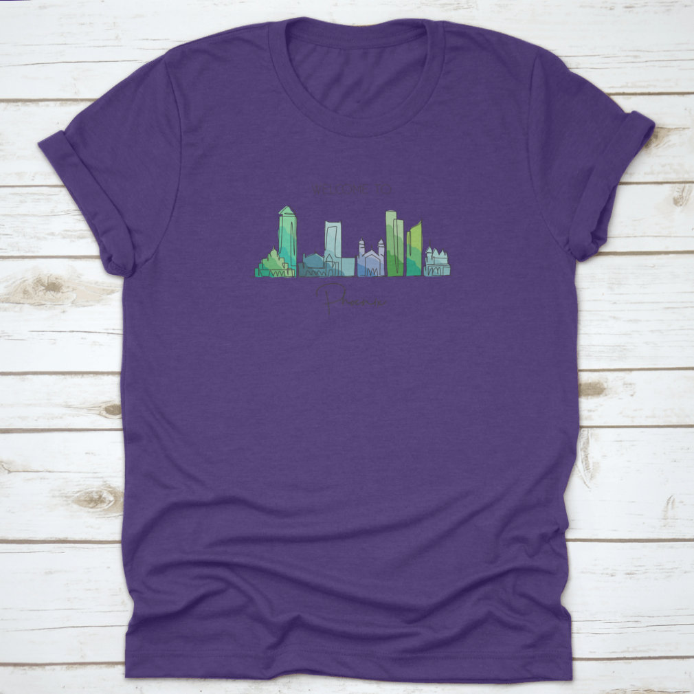 A minimalist continuous line drawing of the Phoenix City skyline, showcasing iconic buildings and structures in a stylish design.