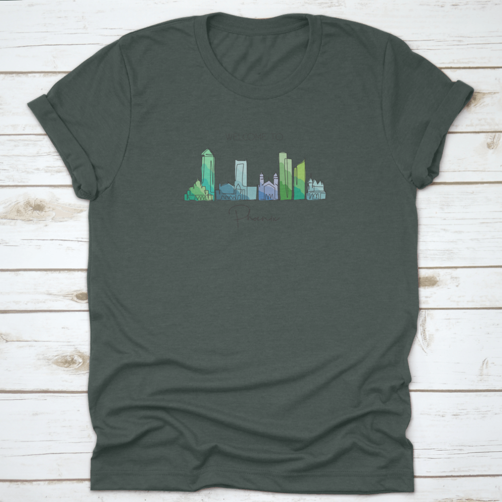 A minimalist continuous line drawing of the Phoenix City skyline, showcasing iconic buildings and structures in a stylish design.