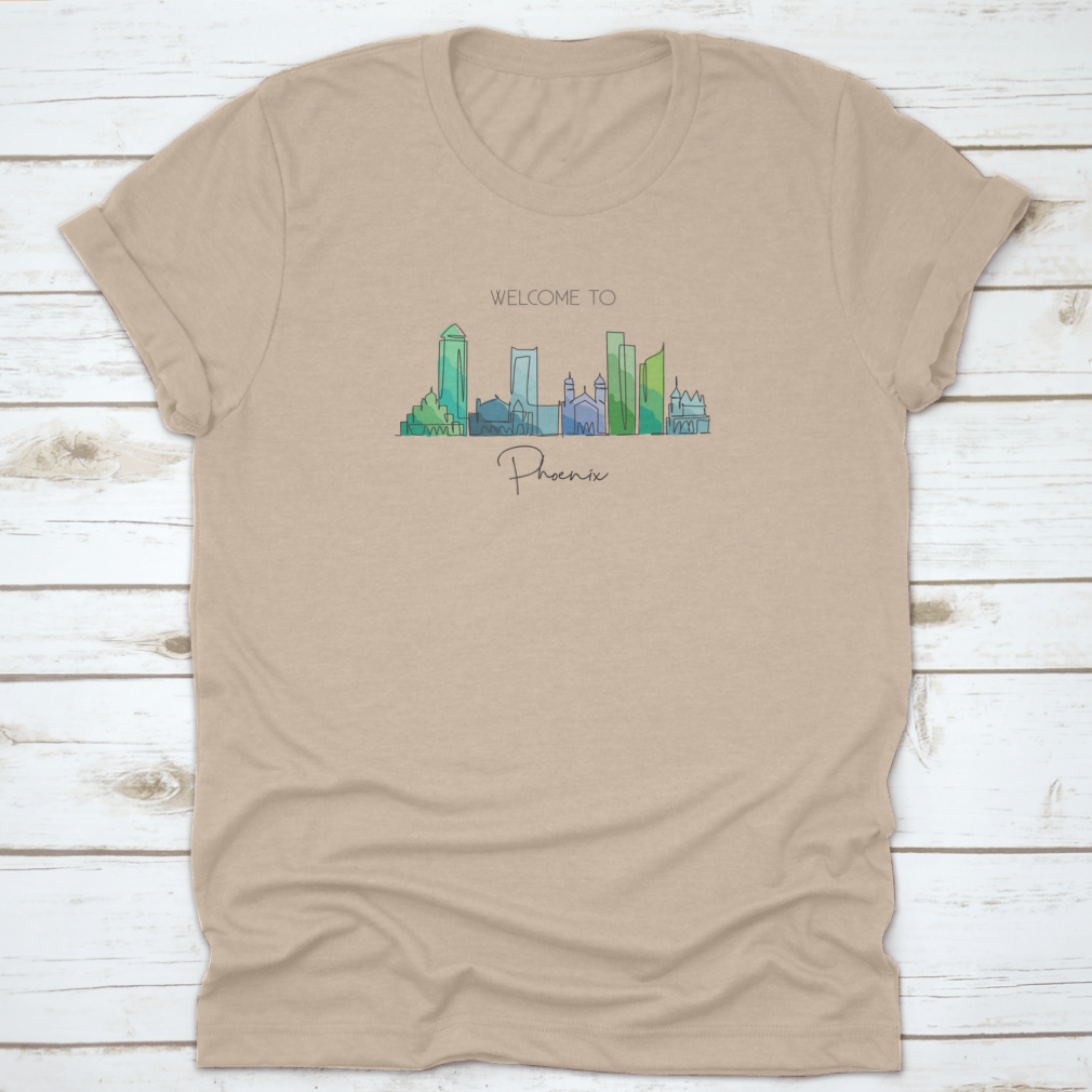 A minimalist continuous line drawing of the Phoenix City skyline, showcasing iconic buildings and structures in a stylish design.