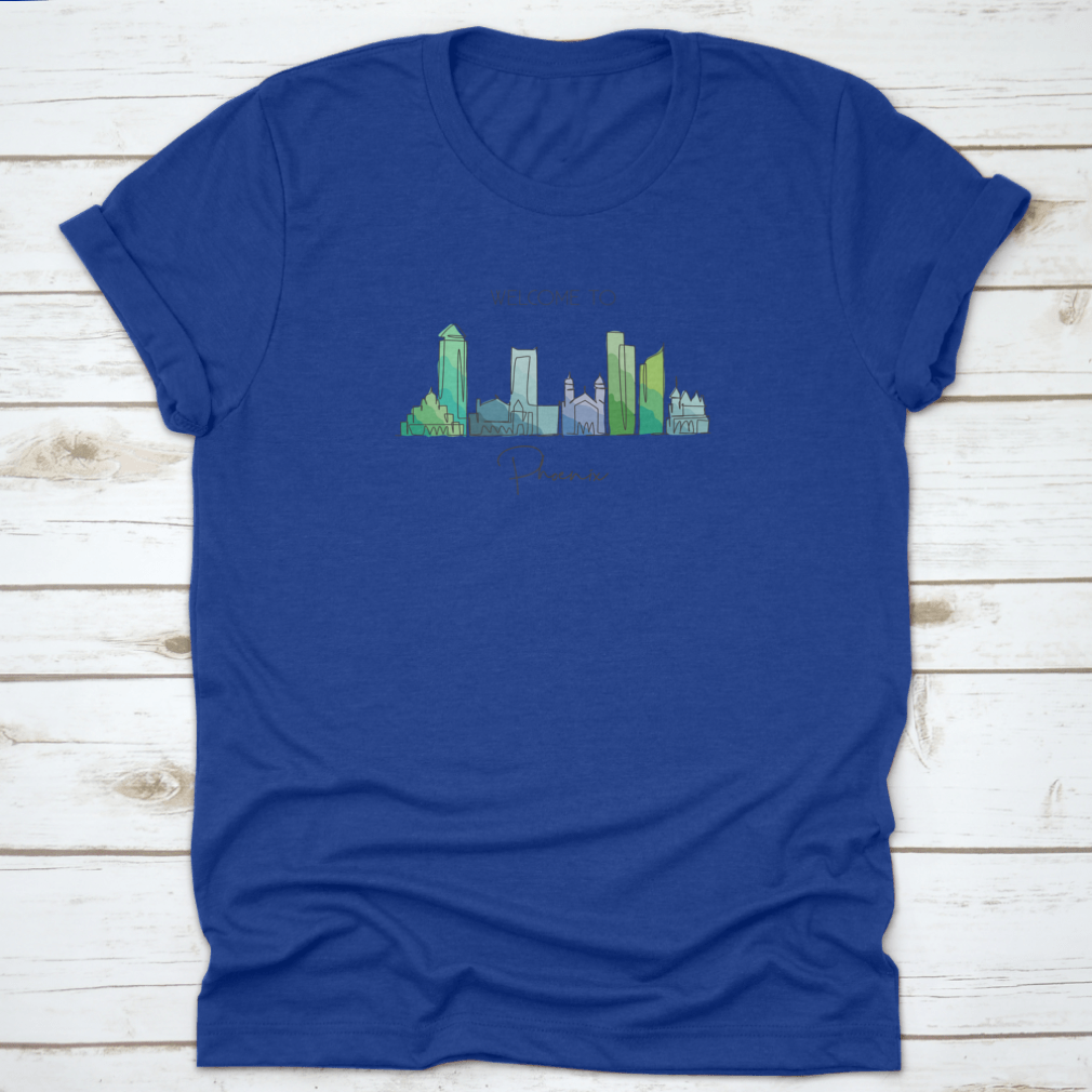 A minimalist continuous line drawing of the Phoenix City skyline, showcasing iconic buildings and structures in a stylish design.