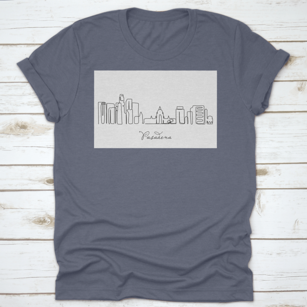 A stylish T-shirt featuring a continuous single line drawing of the Pasadena City skyline, showcasing its iconic buildings and structures.