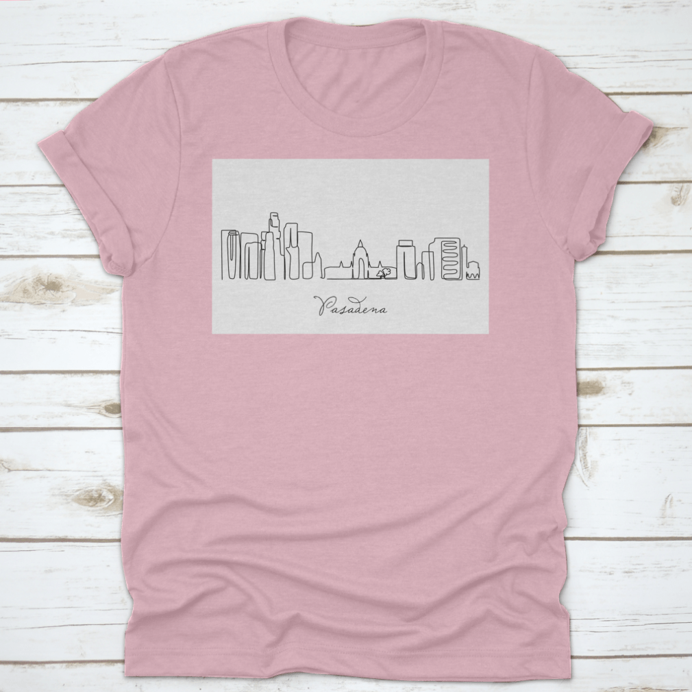 A stylish T-shirt featuring a continuous single line drawing of the Pasadena City skyline, showcasing its iconic buildings and structures.