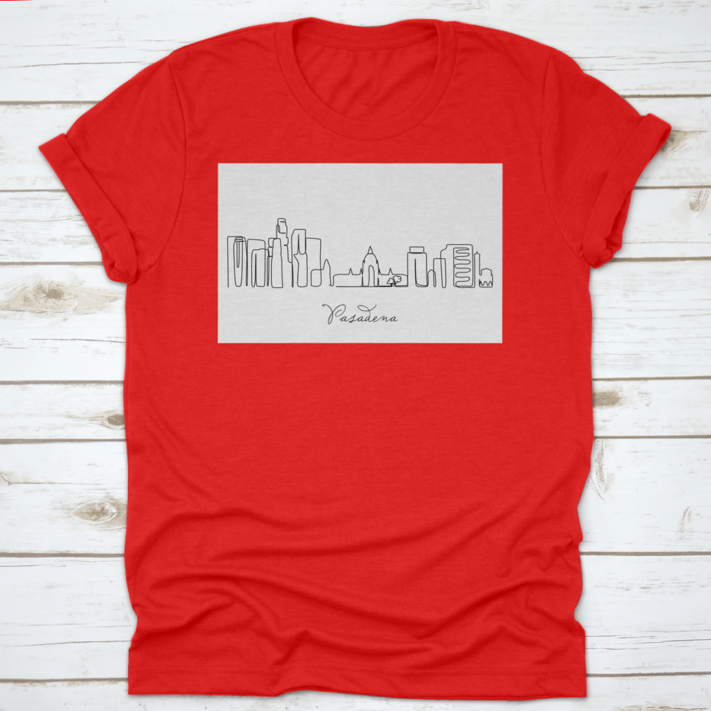 A stylish T-shirt featuring a continuous single line drawing of the Pasadena City skyline, showcasing its iconic buildings and structures.