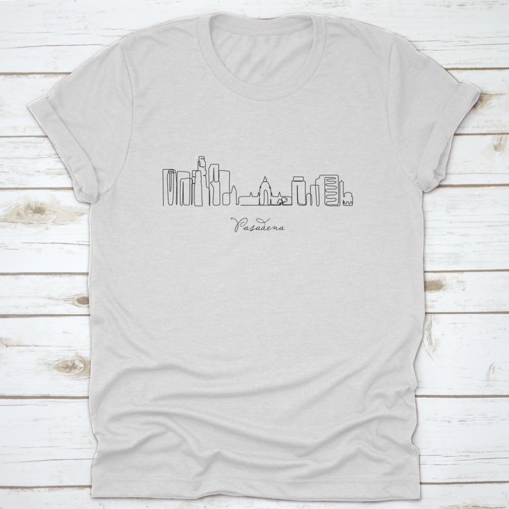 A stylish T-shirt featuring a continuous single line drawing of the Pasadena City skyline, showcasing its iconic buildings and structures.
