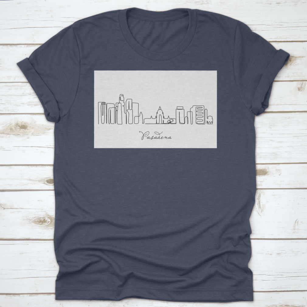 A stylish T-shirt featuring a continuous single line drawing of the Pasadena City skyline, showcasing its iconic buildings and structures.