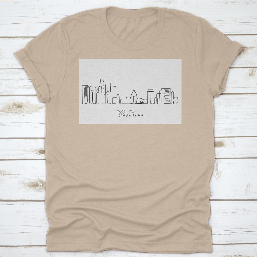 A stylish T-shirt featuring a continuous single line drawing of the Pasadena City skyline, showcasing its iconic buildings and structures.