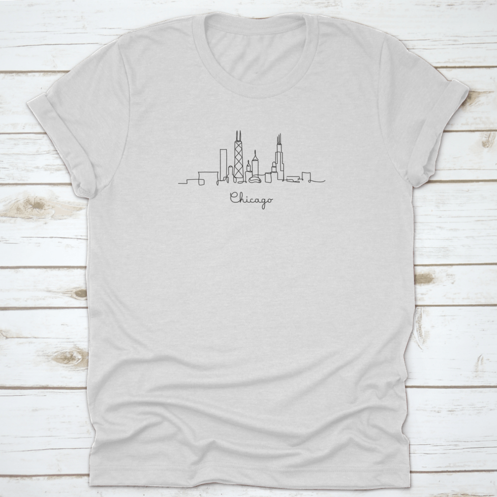 A stylish One Line Style Chicago City Skyline T-shirt featuring a minimalistic skyline design, made from comfortable cotton fabric.