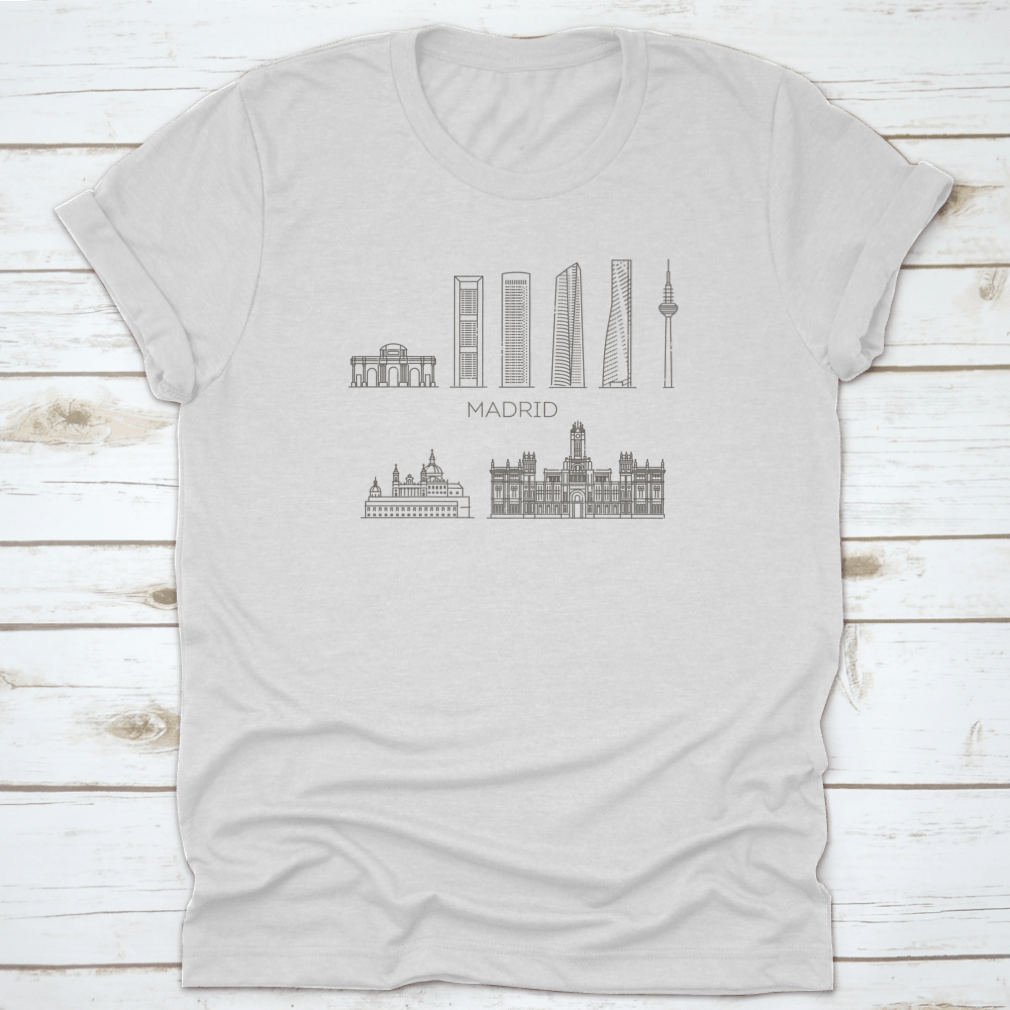 A stylish shirt featuring a line art design of the Madrid skyline, showcasing iconic buildings and landmarks.