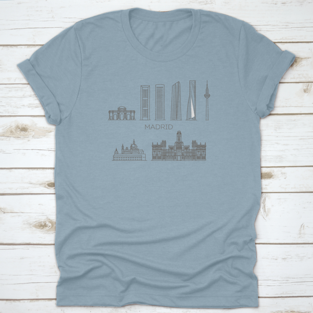 A stylish shirt featuring a line art design of the Madrid skyline, showcasing iconic buildings and landmarks.