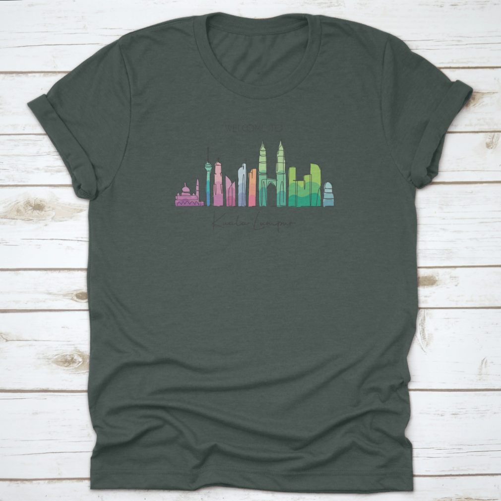 A stylish t-shirt featuring a minimalist single line drawing of the Kuala Lumpur city skyline, showcasing iconic buildings.