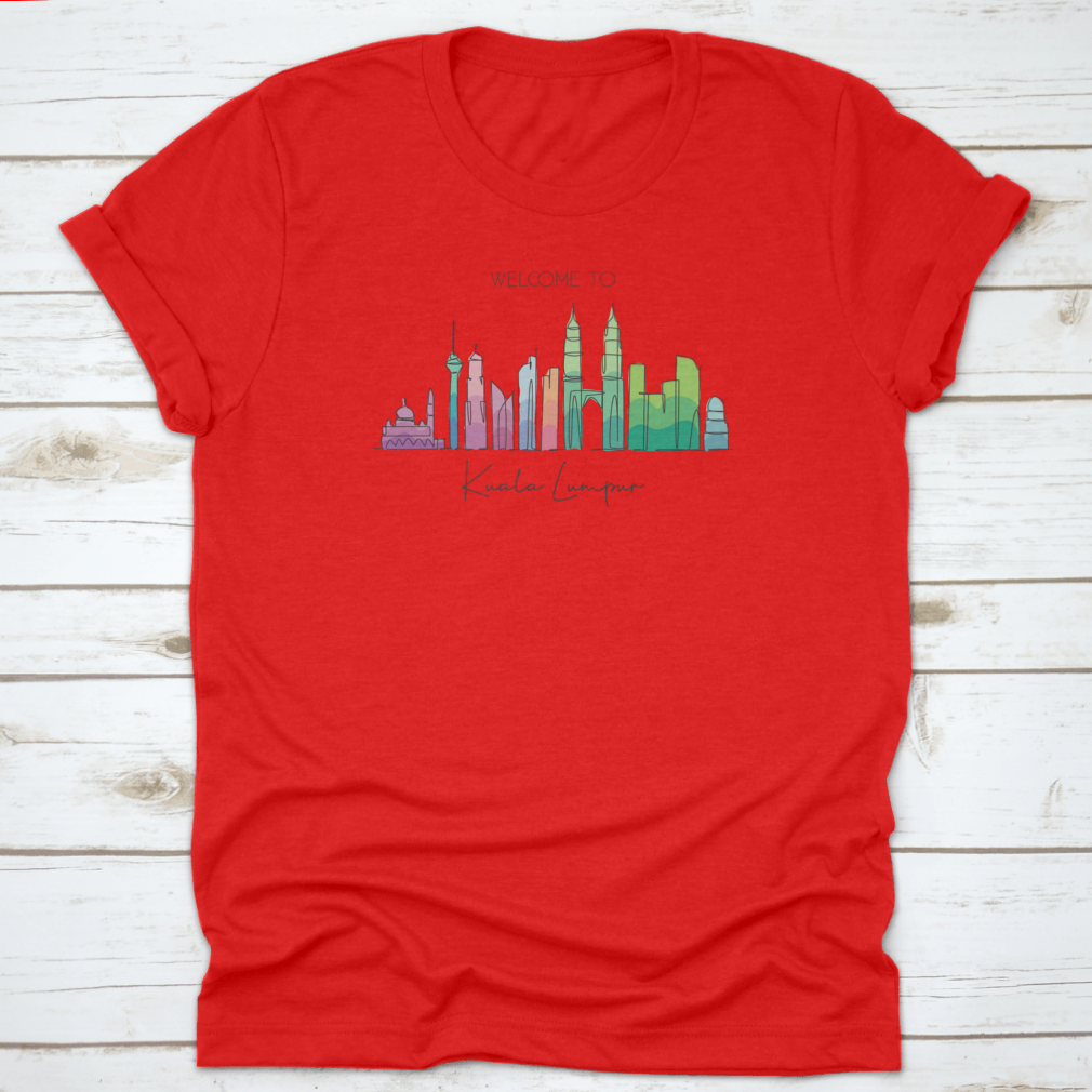A stylish t-shirt featuring a minimalist single line drawing of the Kuala Lumpur city skyline, showcasing iconic buildings.