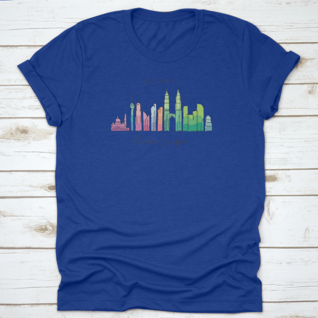 A stylish t-shirt featuring a minimalist single line drawing of the Kuala Lumpur city skyline, showcasing iconic buildings.