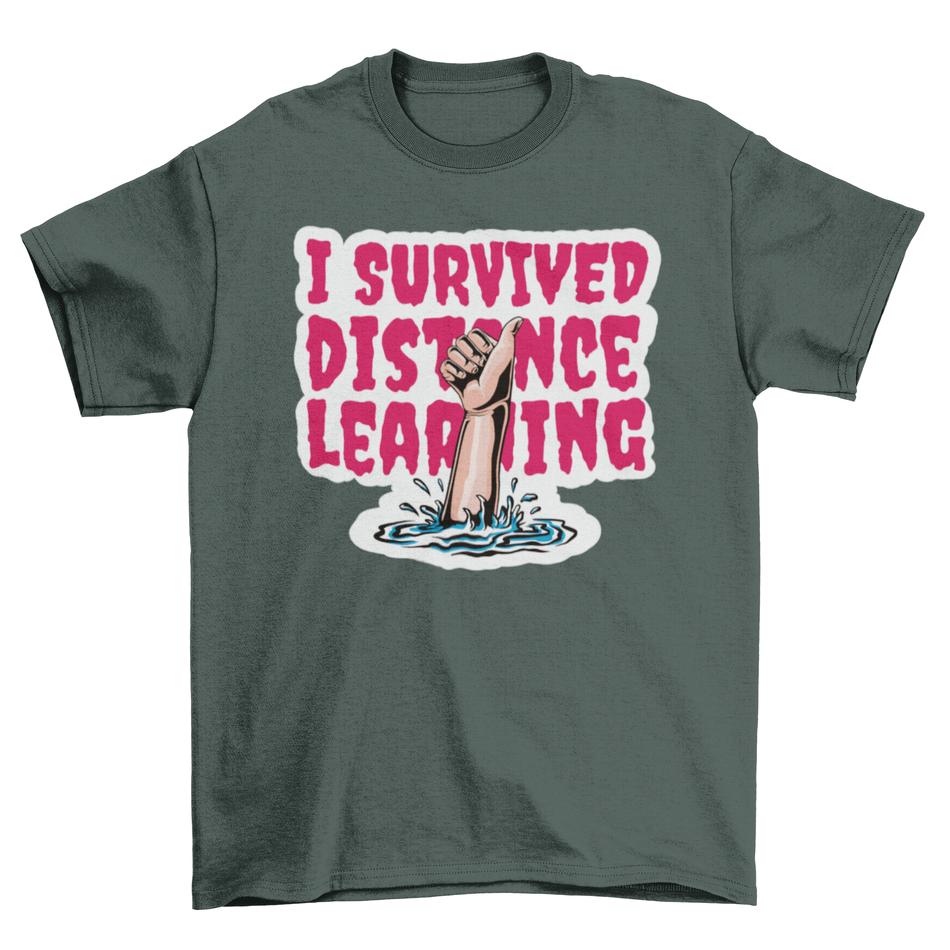 A humorous t-shirt featuring the quote 'I survived distance learning', designed for students and educators.