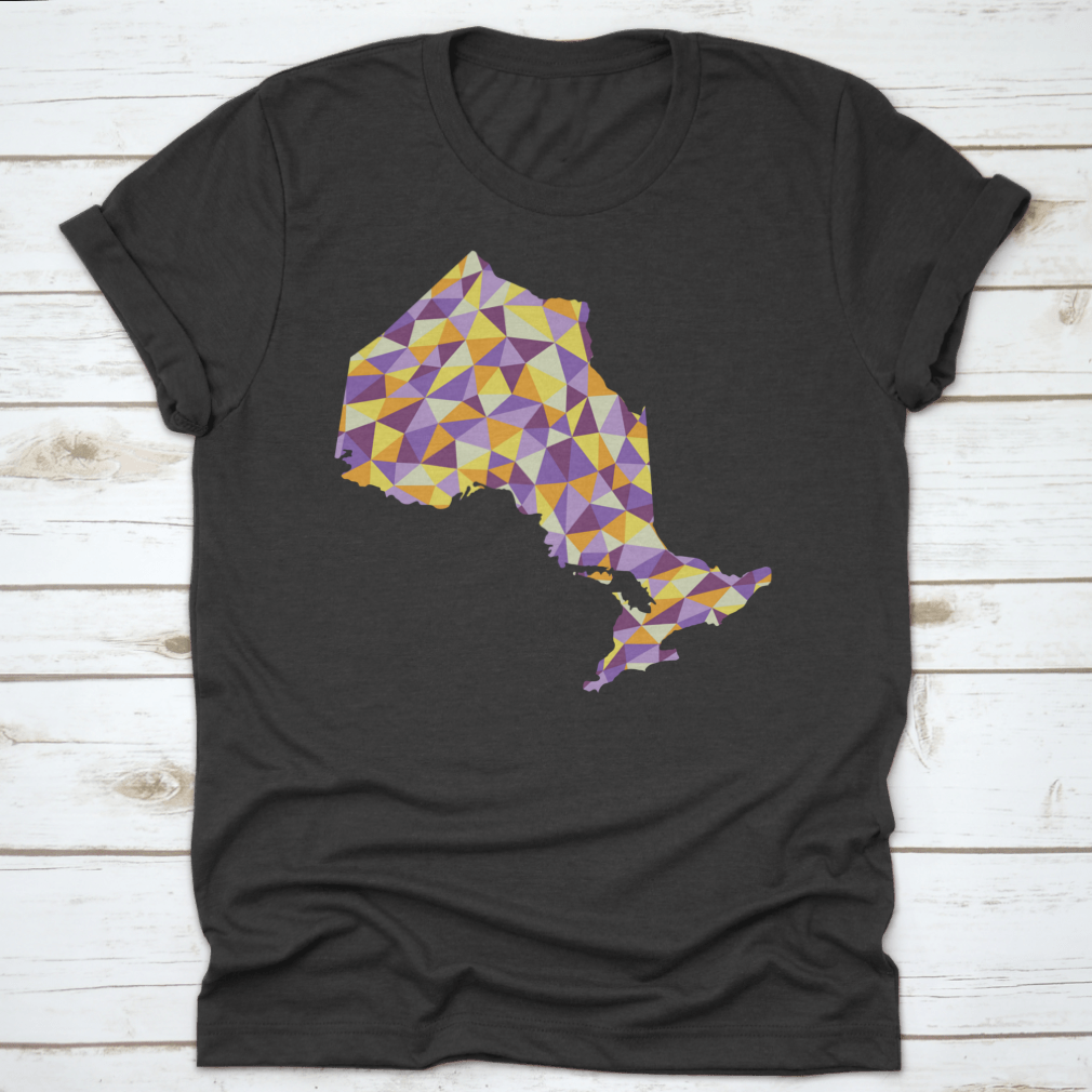 A low poly style map of Ontario, Canada, showcasing geometric shapes and vibrant colors, perfect for modern decor.
