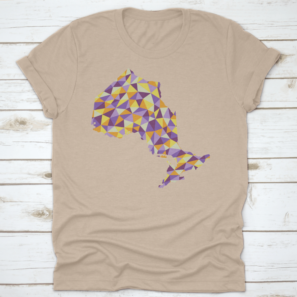 A low poly style map of Ontario, Canada, showcasing geometric shapes and vibrant colors, perfect for modern decor.