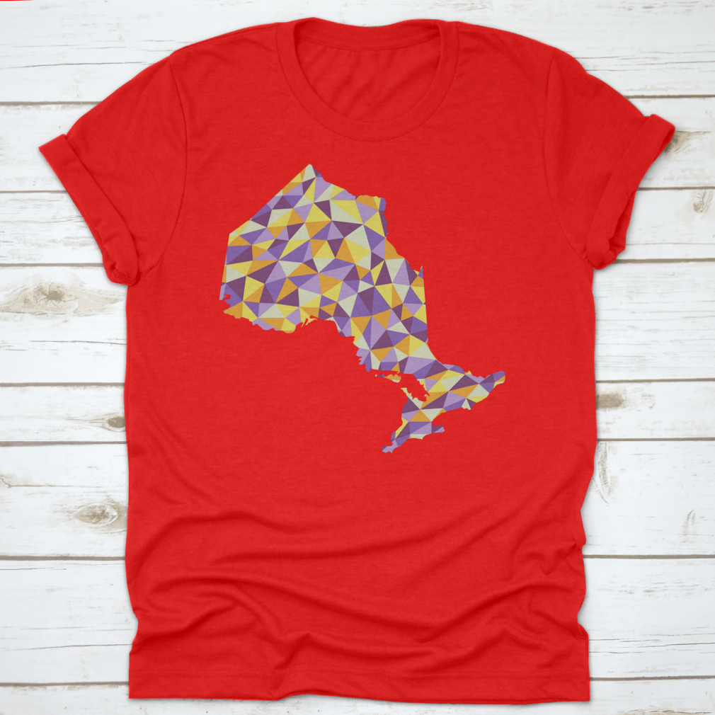 A low poly style map of Ontario, Canada, showcasing geometric shapes and vibrant colors, perfect for modern decor.