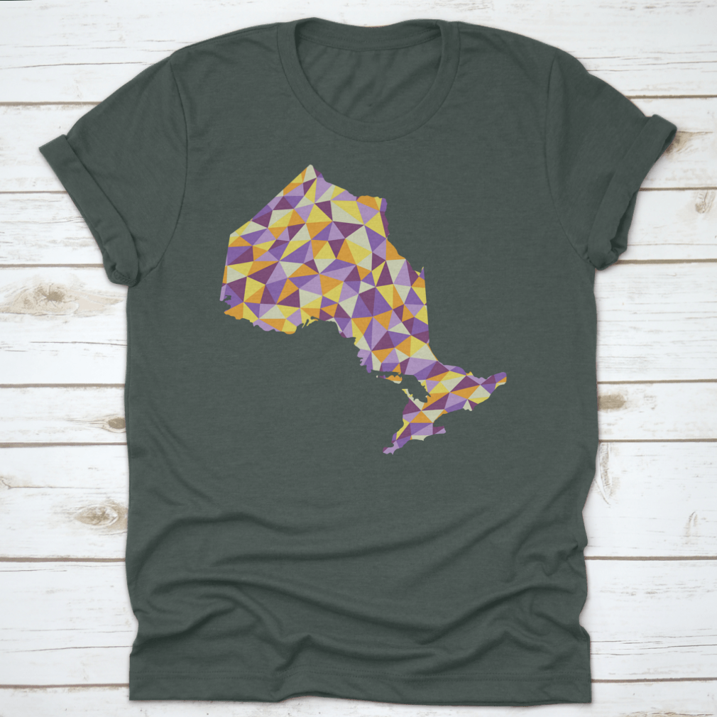 A low poly style map of Ontario, Canada, showcasing geometric shapes and vibrant colors, perfect for modern decor.