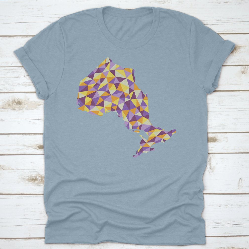 A low poly style map of Ontario, Canada, showcasing geometric shapes and vibrant colors, perfect for modern decor.