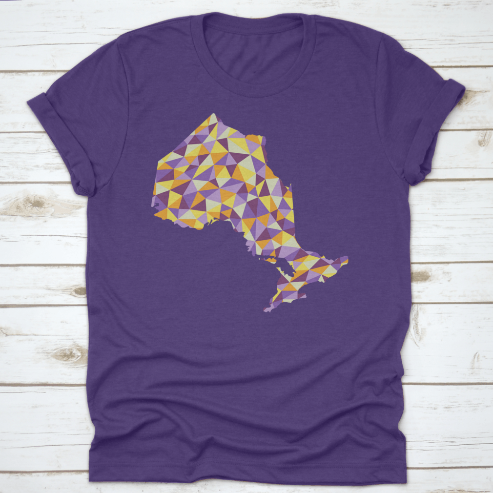 A low poly style map of Ontario, Canada, showcasing geometric shapes and vibrant colors, perfect for modern decor.